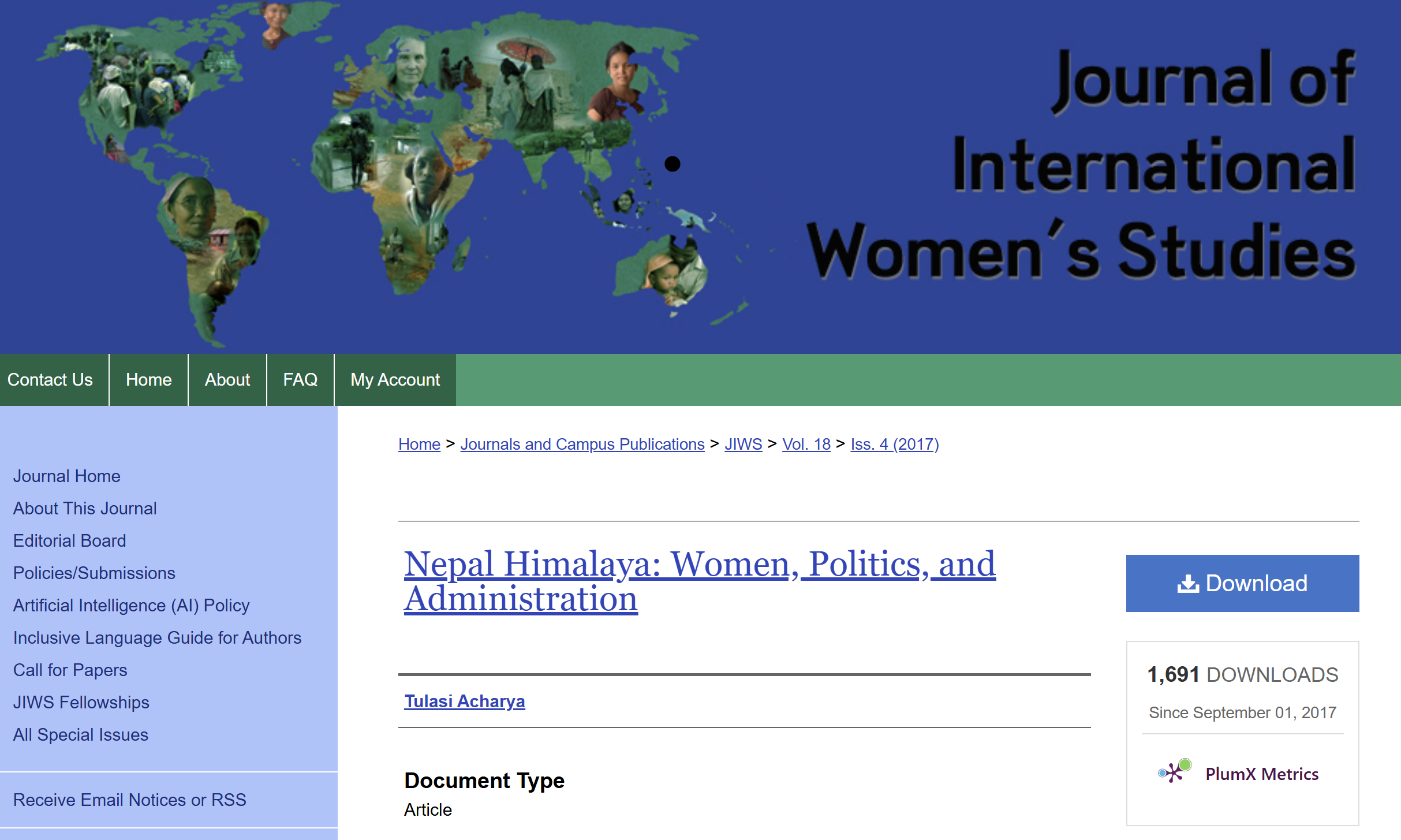 Acharya, Tulasi (2017). Nepal Himalaya: Women, Politics, and Administration. Journal of International Women's Studies, 18(4), 197-208. Available at: https://vc.bridgew.edu/jiws/vol18/iss4/14
